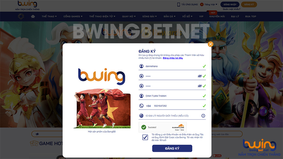 Giao diện khi đăng ký tài khoản mới tại Bwing