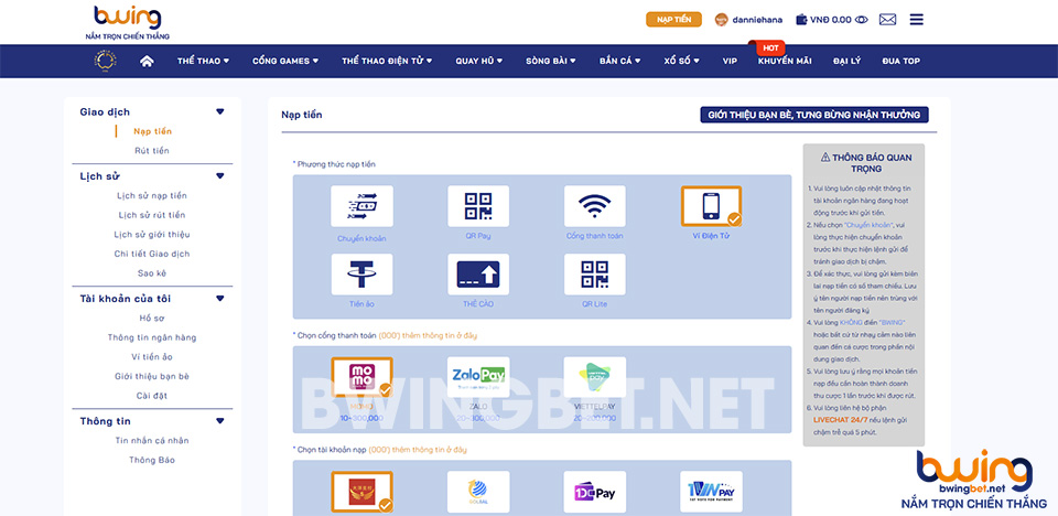 Giao diện lựa phương thức để nạp tiền tại Bwing
